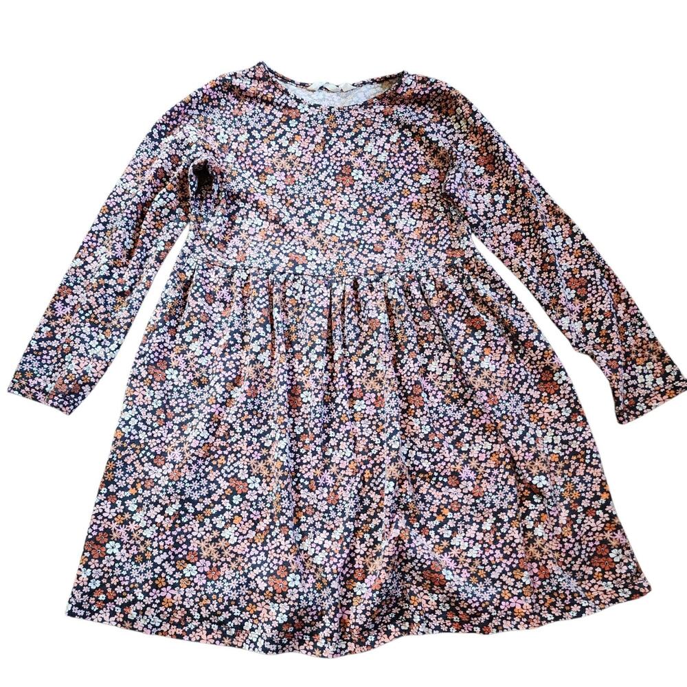 H&M Girls Dress Size 8/10 Pink Floral Long Sleeve High Waist Pleated Casual